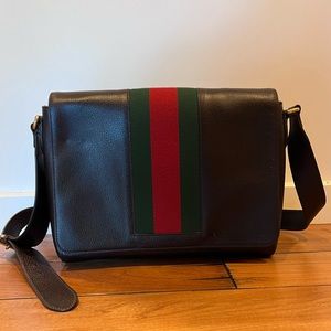 Gucci brown leather with red/green web messenger bag.